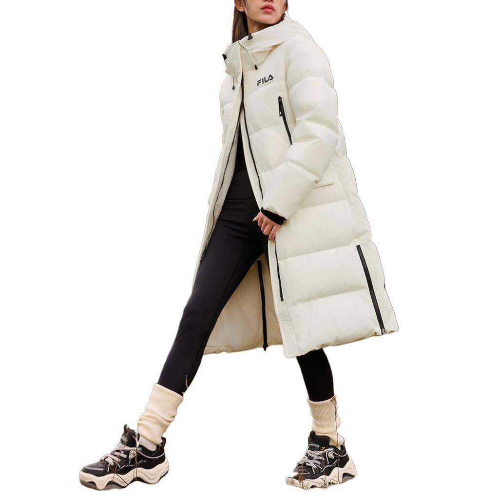 FILA Original Long Down Jacket Simple Fashion Warm Hooded Down Coat Women outerwear Cloud-Mushroom-White F11W449906FWT
