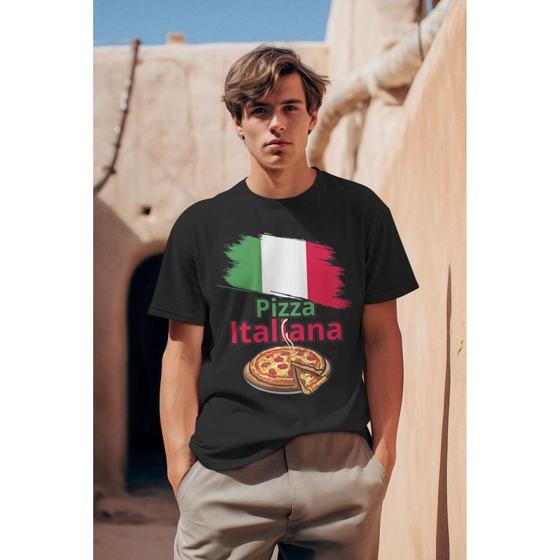 Italian Pizza & Italy Flag T-Shirt For & - Italian Food Theme With Pizza Slice & Italian Text, Casual Short Sleeve Round Neck Tee, Pizza Lover Gift,