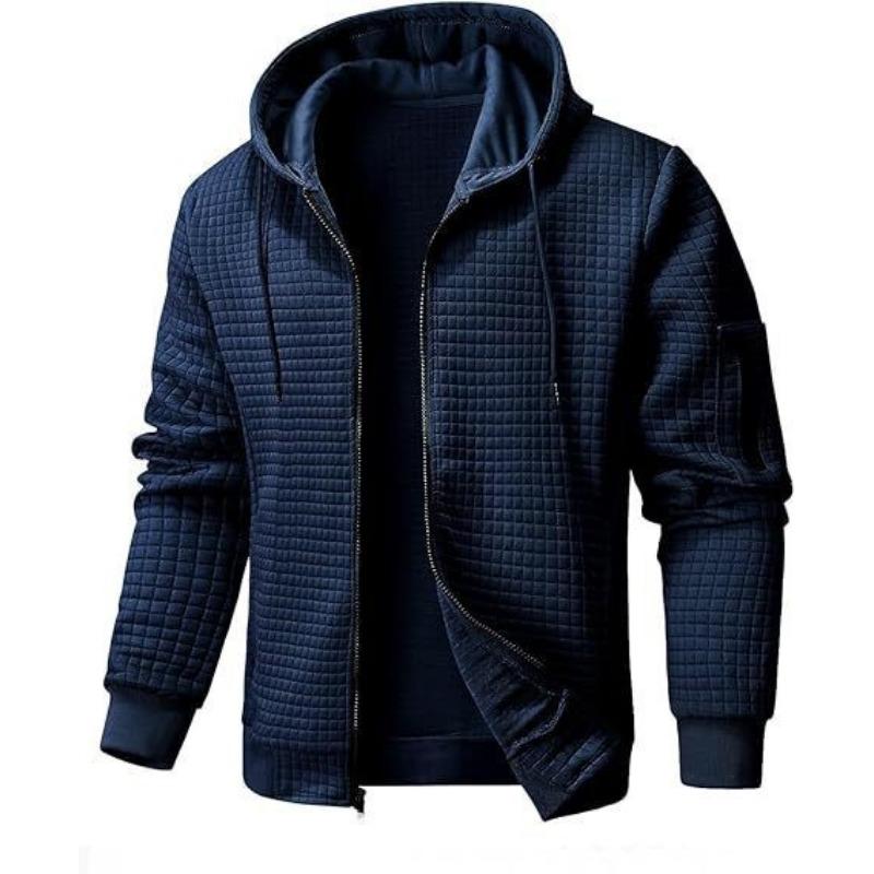 Men S Solid Color Waffle Knit Full Zip Hooded Sweatshirt Casual Jacket