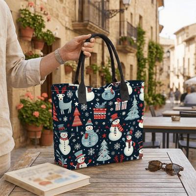  Christmas Snowman Print Tote Bag Portable Large Capacity Casual Shopping Handbag for Daily Use