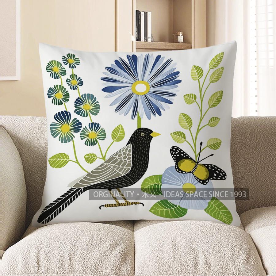 Home Decor Colorful Bird On Branch Decorative Pillow Cover Pattern Cushion Cover Suitable For Sofa Bedroom Car Pillow Cover