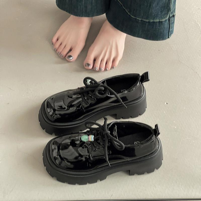 French British style thick-soled heightened rhinestone beaded small leather shoes women's 2025 autumn new skirt loafers single shoes