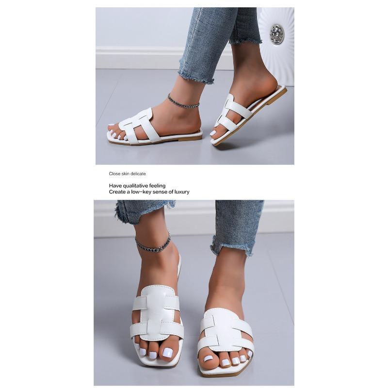 Große Damenschuhe, flache Hausschuhe, Hausschuhe für den Alltag mit gewebten Riemen, flache Hausschuhe aus Gummi mit einem Riemen und flachem Absatz
