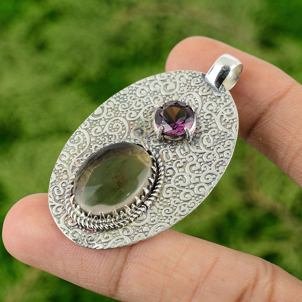 Daughters Day Deal Oval Natural Smoky Quartz African Amethyst 925 Silver Pendant