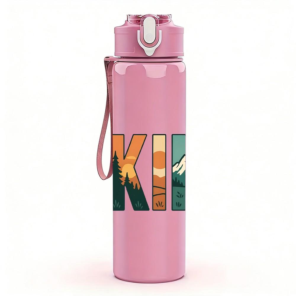 1PC Hiking Retro Bold Letter Text Print 750ml Color Plastic Sports Water Bottle Leakproof Flip Straw Lid Suitable for Sports Office Home Use