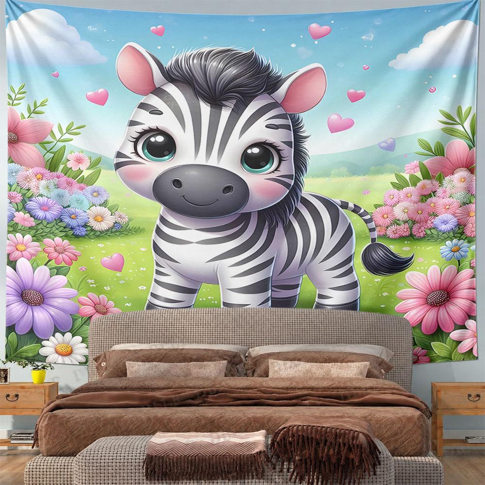 Cute Baby Zebra In Flower Meadow Pattern Wall Hanging Tapestry Decorative Tapestry Home Decor for Bedroom and Living Room