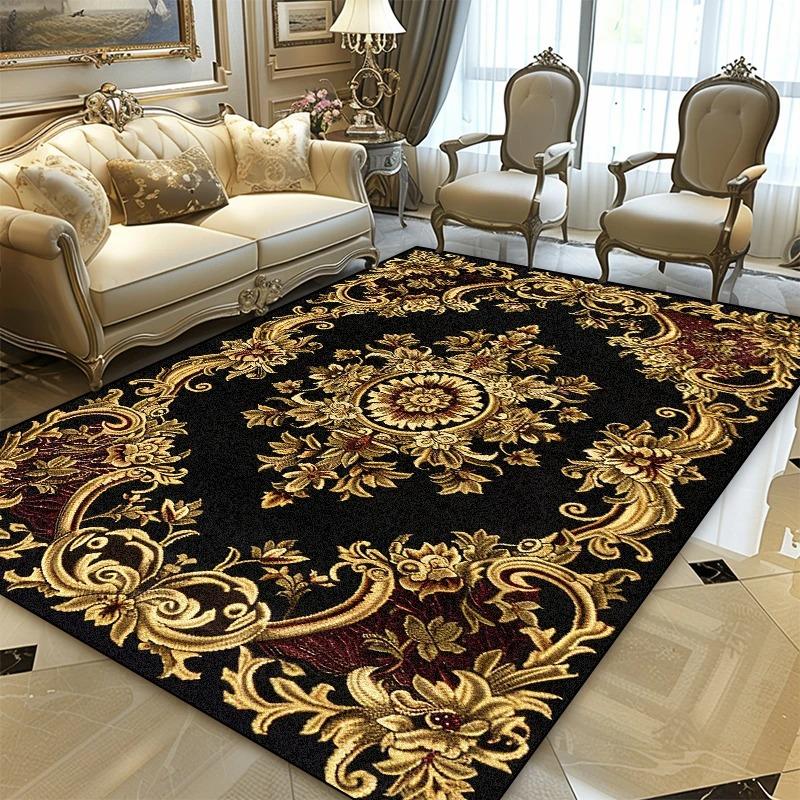 Persischer Schwarzgold Luxus Teppich für Wohnzimmer, Schlafzimmer & Büro Sofabereich Rutschfest Dekoration