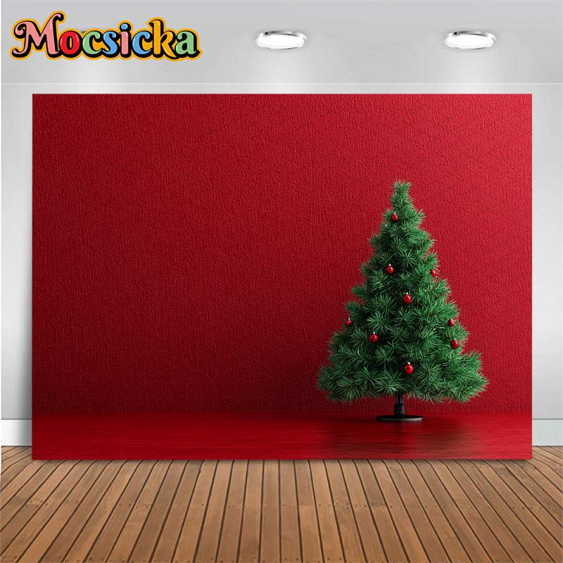 Mocsicka Christmas Photography Background Green Xmas Tree Red Wall Decoration Family Children Adult Photo Backdrop Studio Banner