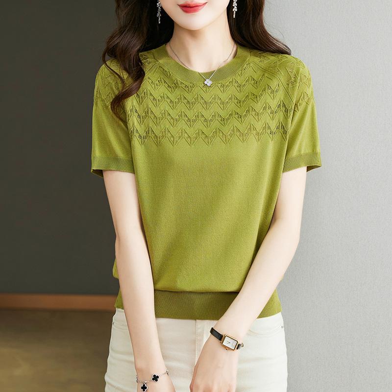 

Летняя Новая Мода Высокий Конец Ледяной Шелк Вязаная Футболка с Коротким Рукавом Женская Круглый Вырез Пэчворк Ажурная Резьба Тонкий Топ XXXL зелёный