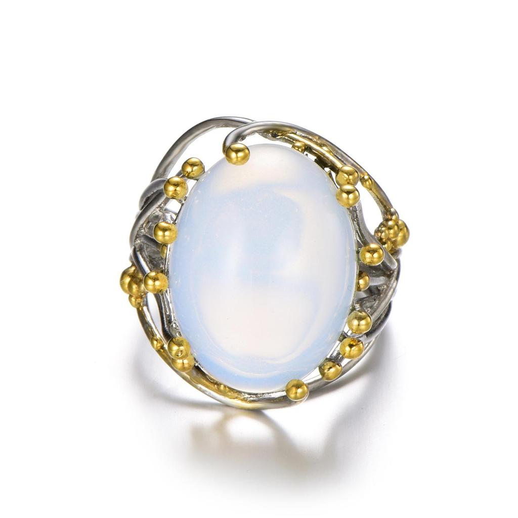 Zhenrong Women's Inlaid Moonstone-Imitation Ring, European & American Style, Plated 18K Gold Two-Tone Jewelry