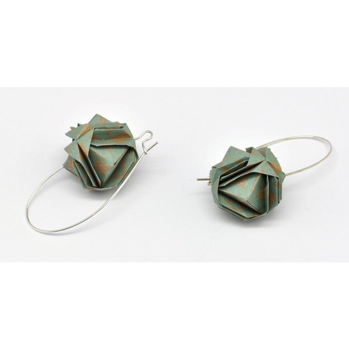 Boucles d'oreille papier Origami Boule Vert et beige
