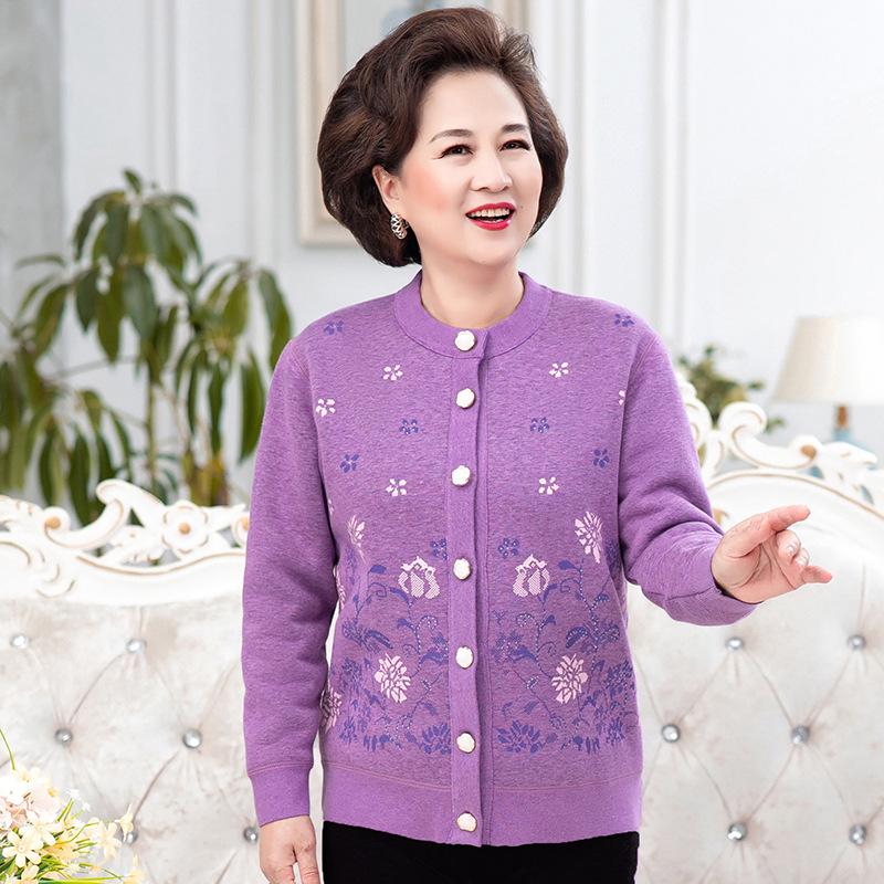 Grandma's Cozy Knit Cardigan: Velvet-Lined Winter Sweater for Middle-Aged and Elderly Women