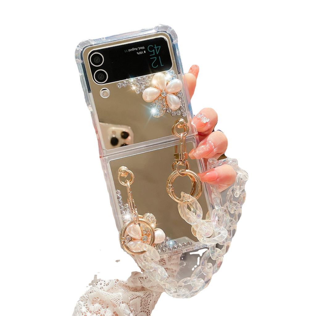 Applicable To Samsung Zflip4 Mobile Phone Case, Rhinestone Mirror Diagonal Flower Zflip3 Bracelet All-inclusive Women's Folding Protective Case