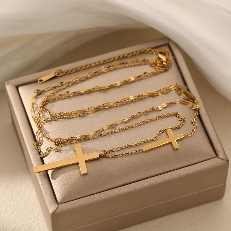 18K Gold Plated Stainless Steel Double Layer Cross Necklace for Women - Simple Ins Style Clavicle Chain Choker