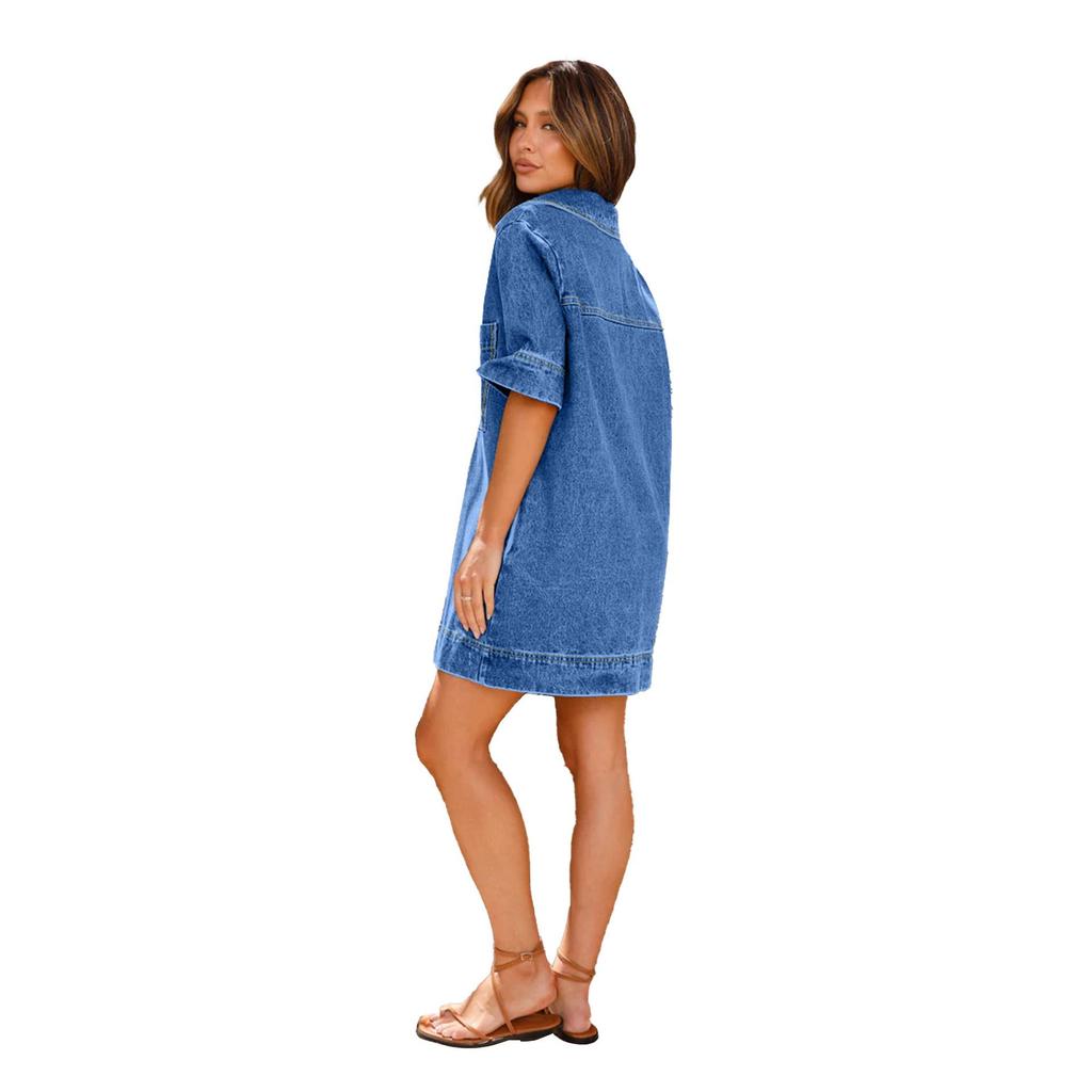 Women Spring Short Sleeve Turn-down Collar Dress Summer Casual Loose Above Knee Denim Dresses S-XL