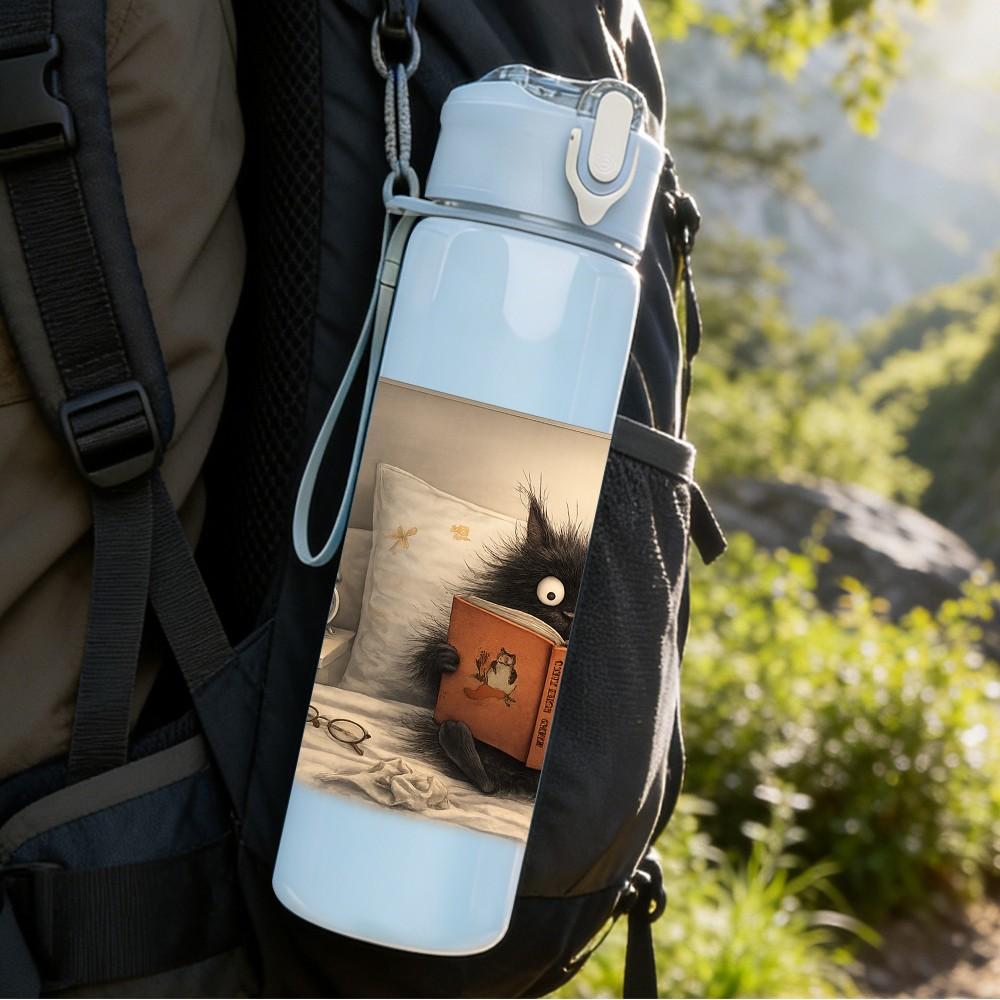 1PC Black Cat Sit On Vintage Book Bag Print 750ml Color Plastic Sports Water Bottle Leakproof Flip Straw Lid Suitable for Sports Office Home Use