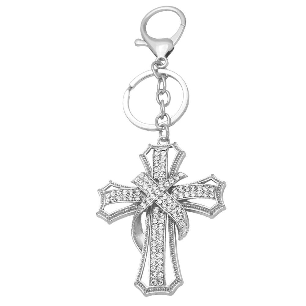 Catholic Cross Keychain for Women Men Rhinestone Religious Christ Keyring Bag Pendant