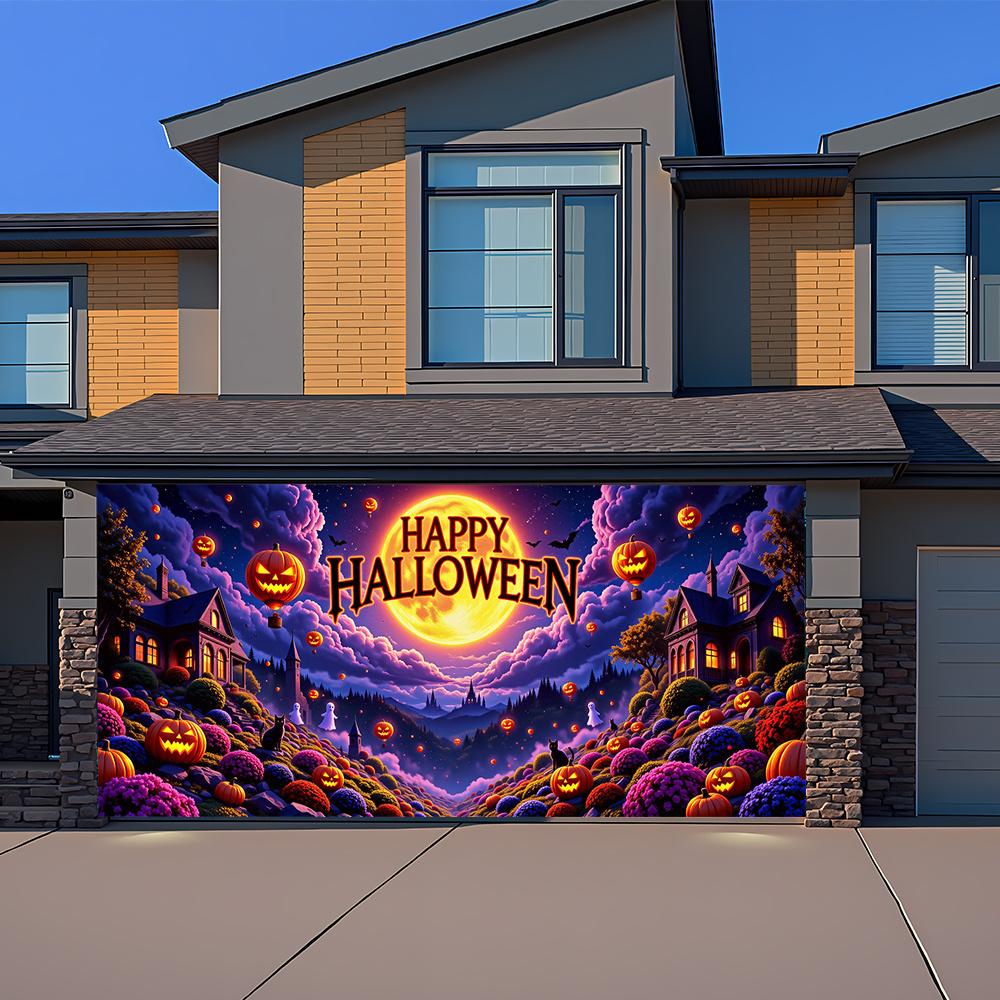 Halloween Magic Manor Garage banner, glossy polyester material, "Happy Halloween", black cat, bat, pumpkin lantern design