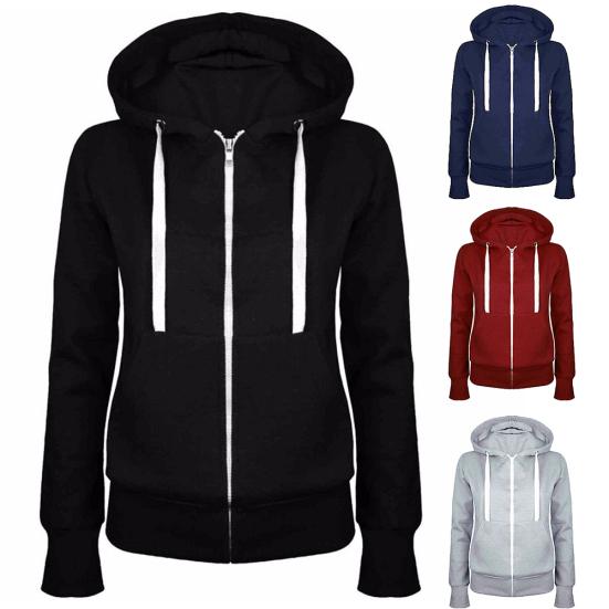 Fashion Lady Solid Color Long Sleeve Hooded Pocket Zip Up Casual Coat Sweatshirt