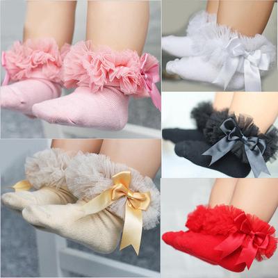 Baby Girls Socks With Bow Tie Lace Ruffle Princess Cotton Sock with Ribbons Multi Colors Gray Red Black Pink White Princes Socks