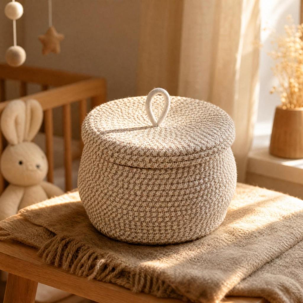 Braided Cotton Storage Basket with Lid for Dressing Areas, Living Areas