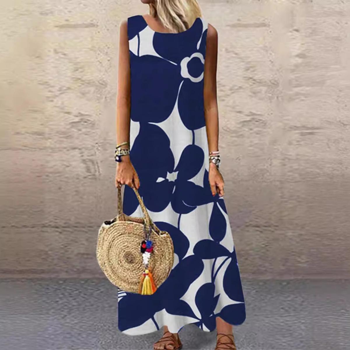 Women s European American Style Printed Crew Neck Sleeveless Mid-length Casual Dress S