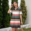 Women Loose Fit Shirt Dress Button Front Stand Collar Short Sleeve Casual Dress with Stripe Print for Daily Wear