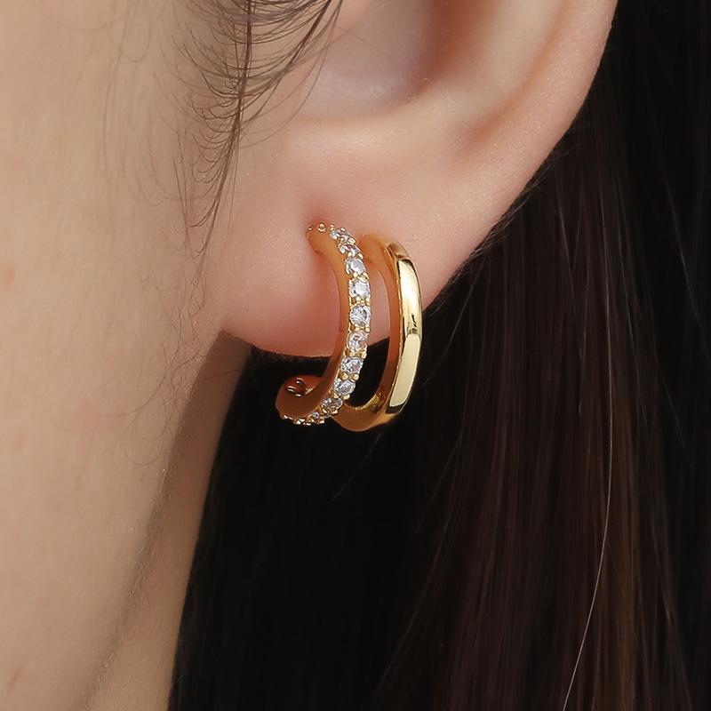 Elegant Double-Layered Rhinestone C-Shaped Earrings - Versatile Gold/Silver Ear Clips for Women