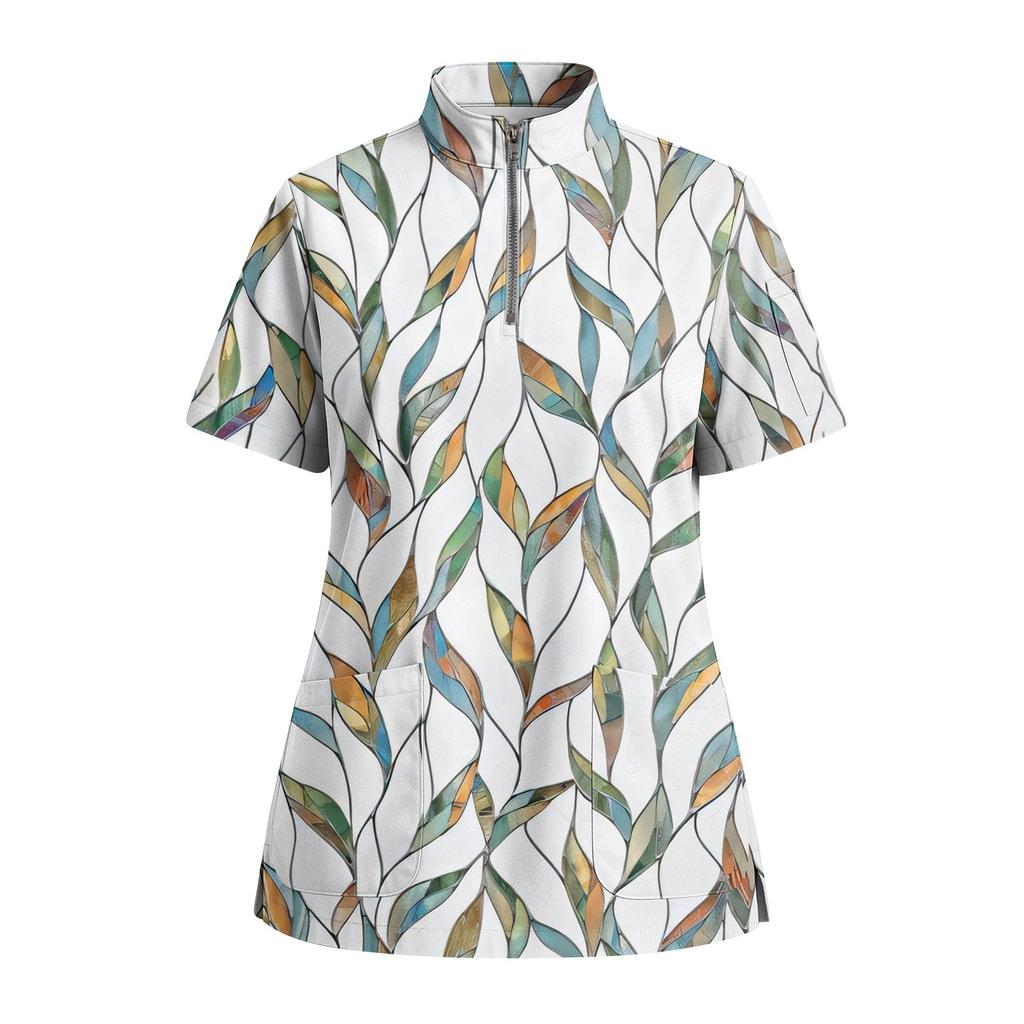 Women's Short Sleeved Printed V-neck Buttonable Side Slit Top T-shirt