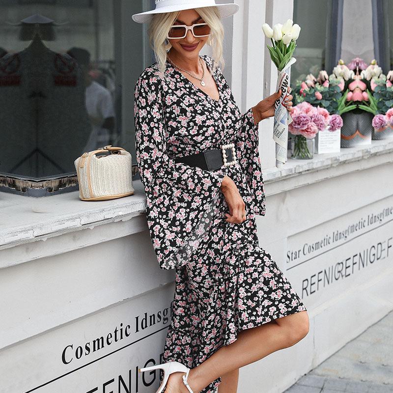YYFS Women's Fashion Summer Spring Floral Print Long Sleeve V-Neck High Waist Casual Dresses