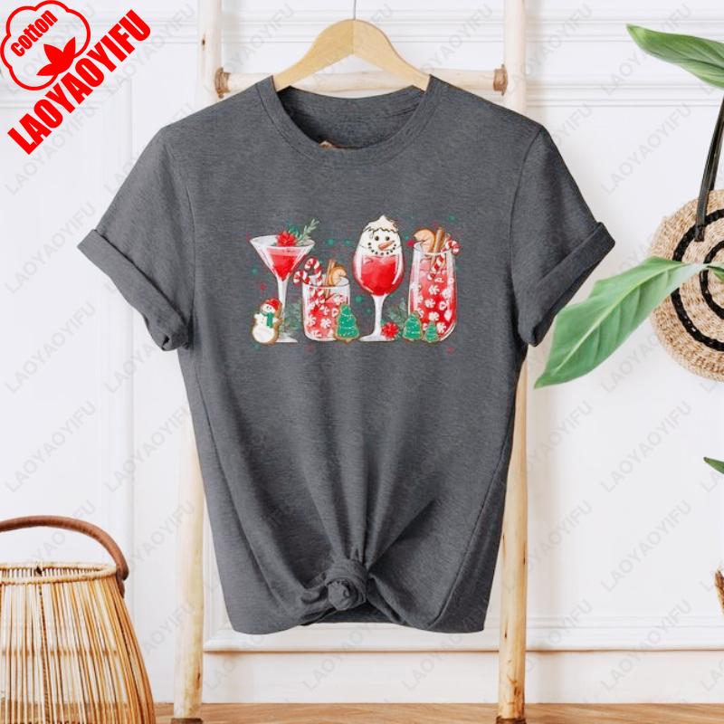 

Merry Christmas Cocktails Drink Camisetas Men Women Cotton Tops Snowman New Year Xmas Festival Tees Harajuku Funny Kawaii Tshirt 4XL