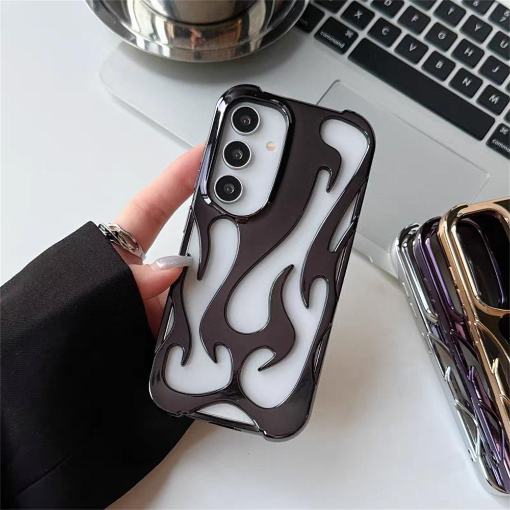 Plating 3D Flame Pattern Case for Samsung S25 S24 Plus S22 S23 Ultra A16 A06 A55 A15 A54 A14 Fashion Hollow Out Shockproof Cover