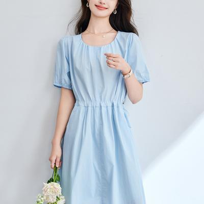 Short-sleeved Dress Women's Summer New French Design Feeling Pleated Lace-up Waist Skirt