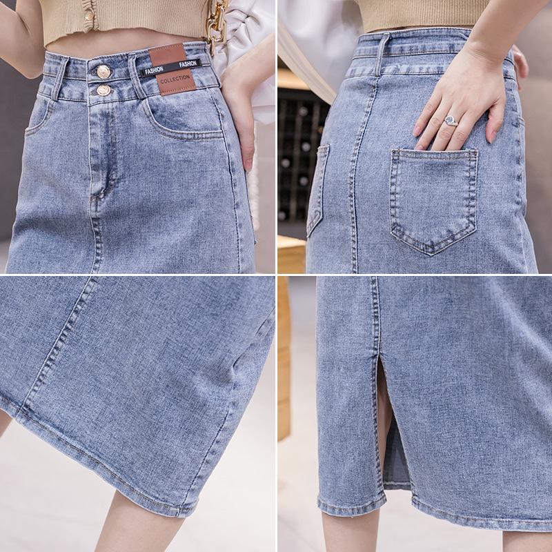 Korean Style High Waist Elastic Bodycon A-line Slit Midi Denim Skirt - Spring/Autumn 2024