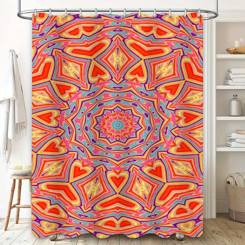 Vibrant Mandala Shower Curtain Bathroom Decor With Heart Patterns In Orange And Blue Colors, Polyester Waterproof Fabric For Hom