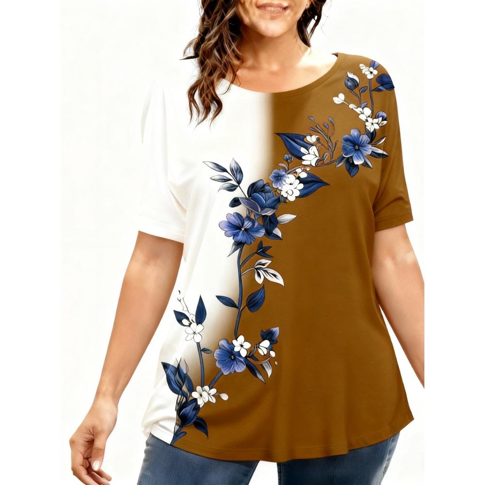 Tricouri de damă mărime mare XL-7XL Tricou de damă cu gât rotund, la modă, cu patchwork floral și imprimeu colorat, cu mânecă scurtă
