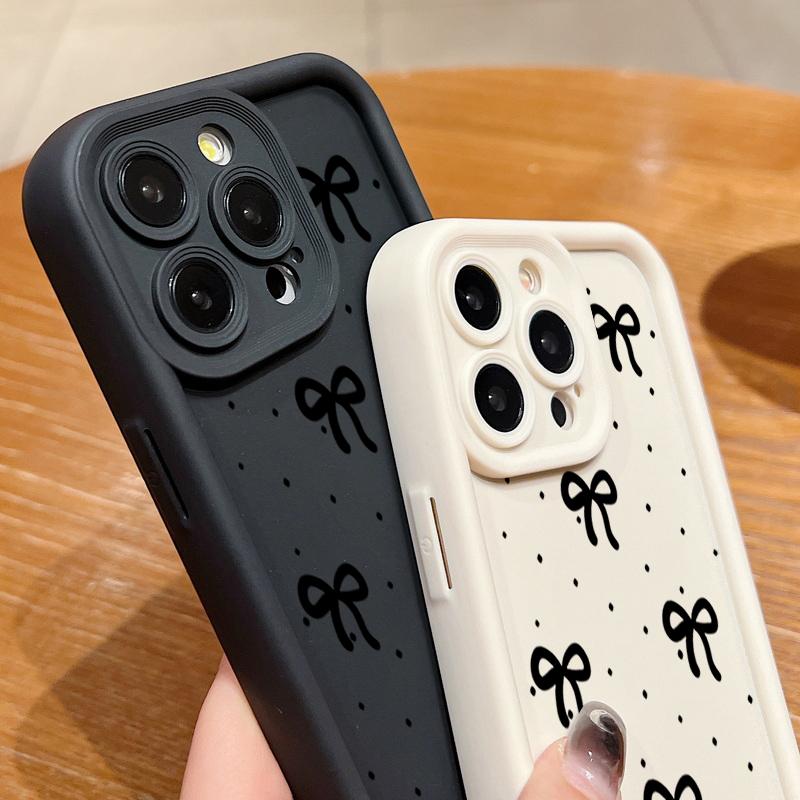 Black Bowknot Print TPU Soft Case For iPhone 16 Pro Max 15 Pro 14 13 12 11 XR XS 8 7 Lens Protection Shockproof Matte Phone Cover