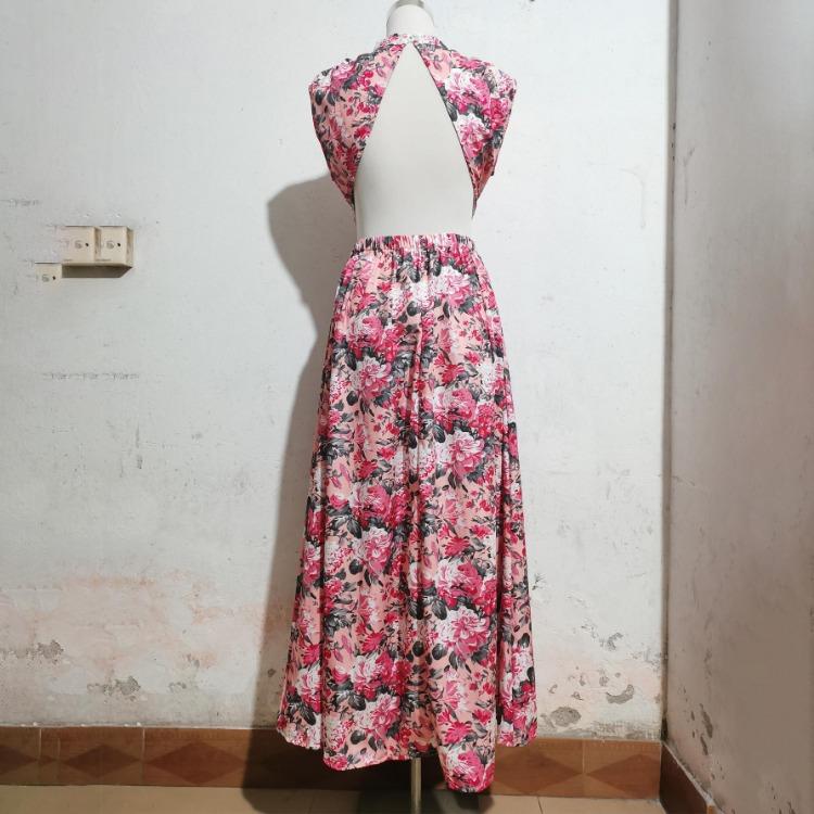 Sommer Lässig Geblümt Ärmellos Rückenfrei Hohe Taille A-Linie Halboher Kragen Knöchellange Kleider Damen Frühling