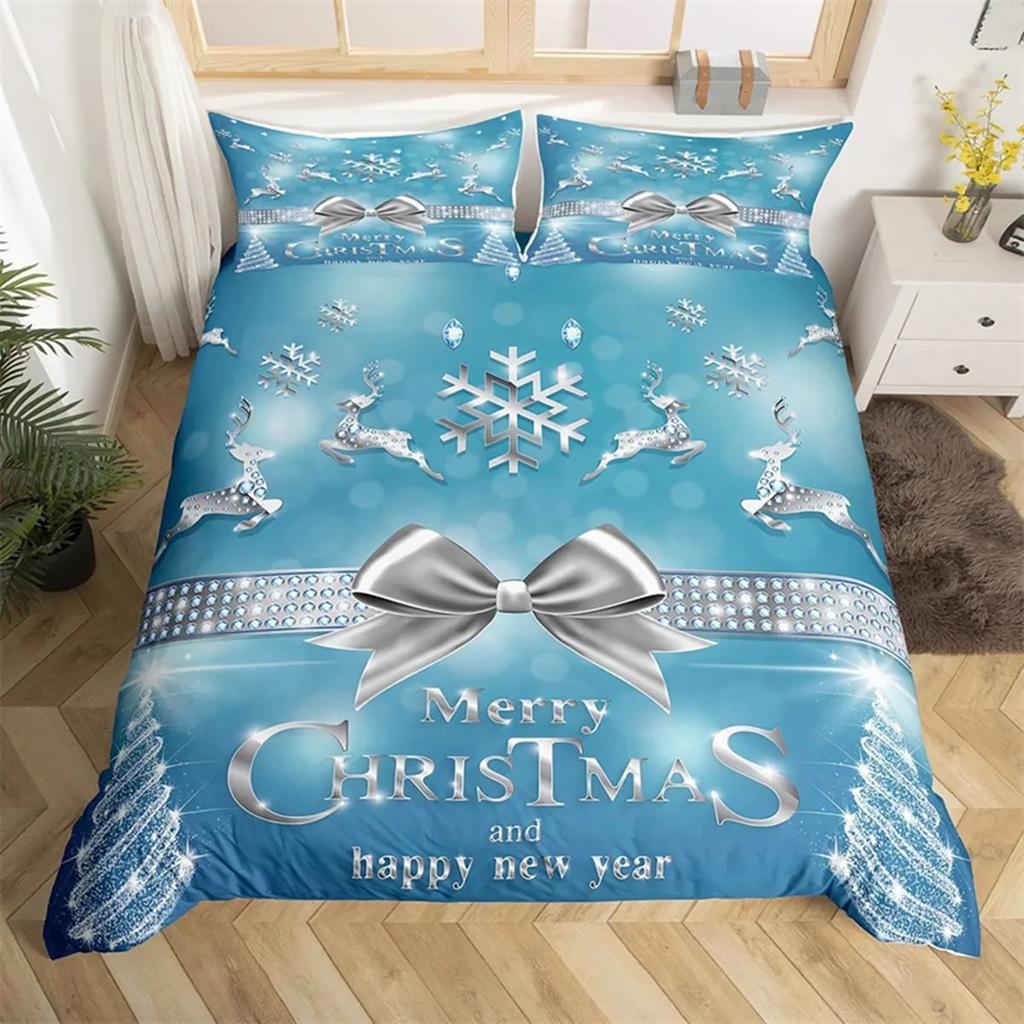 Merry Christmas Duvet Cover Happy New Year Microfiber Xmas Deer Elk Bedroom Decoration for Boys Girls Golden Bow Holiday Gifts