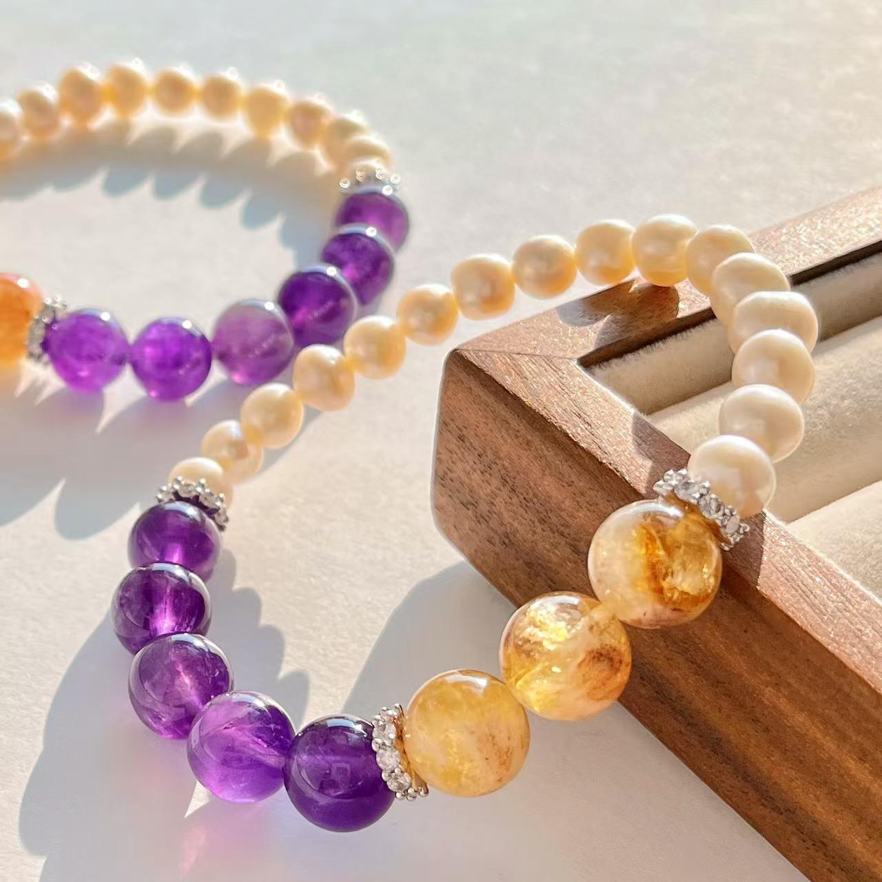 7-8Mm Retro High Quality Natural Freshwater Pearl Honey Milk Cover Amethyst Bracelet Bracelet