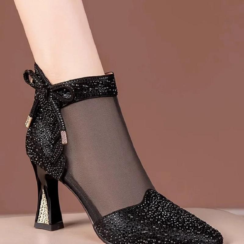 Botas Femininas Women Fashion Sweet Golden Crystal Mesh Breathable Square Heel Boots Lady Casual Autumn Shoes Ab729