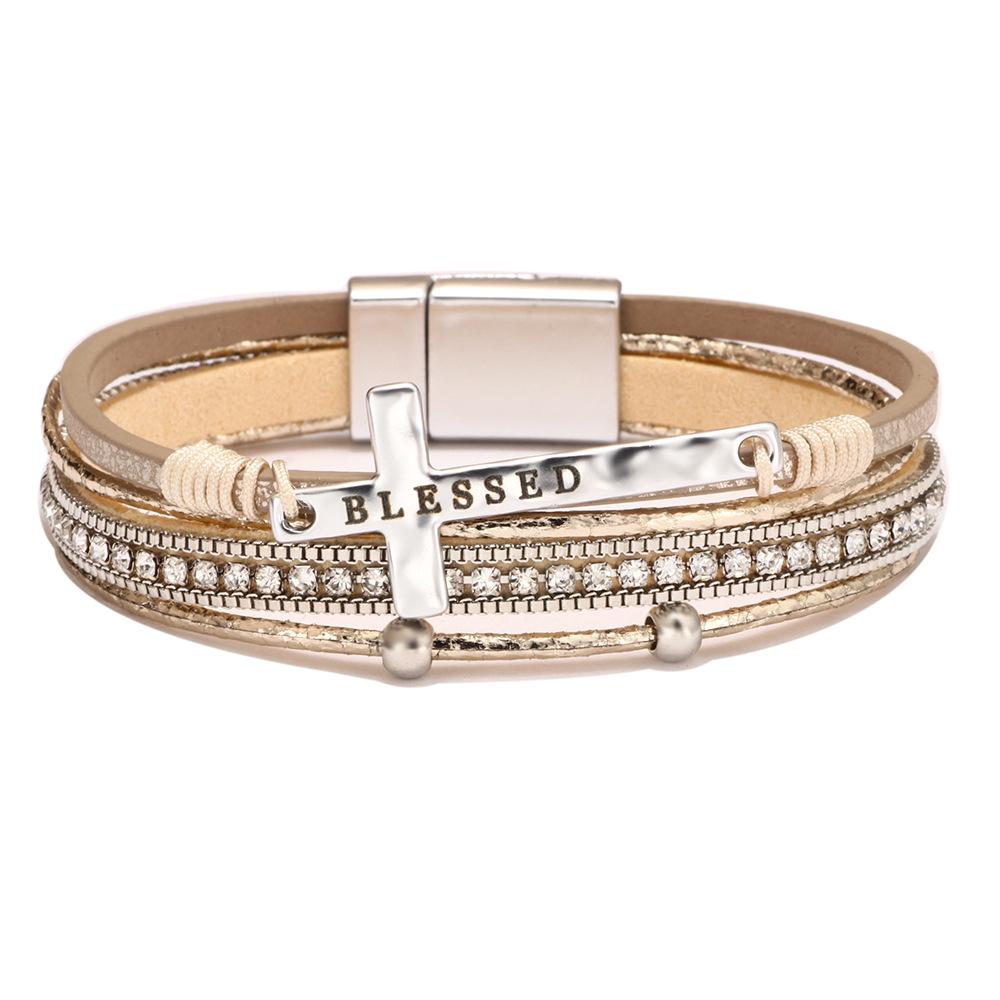 Bohemian Micro-Diamond Cross Bracelet with Magnetic Clasp & PU Leather