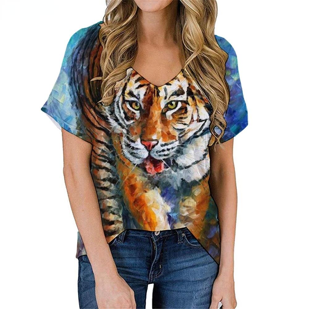 Fashion Spring  Tiger Print Blouses Short Sleeved V-Neck T Shirts Casual