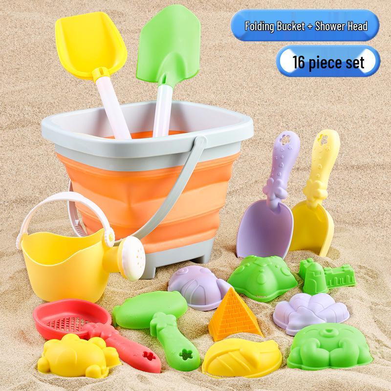 Cross-border Kid's Beach Toy Set: Folding Bucket, Shovel, Sand Tools & Sandglass Accessories