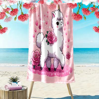 Adorable Alpaca with Roses and Hearts Patterned Beach Towel Quick Dry Perfect for Travel Outdoor Sports Jogging the Beach and Swimming
