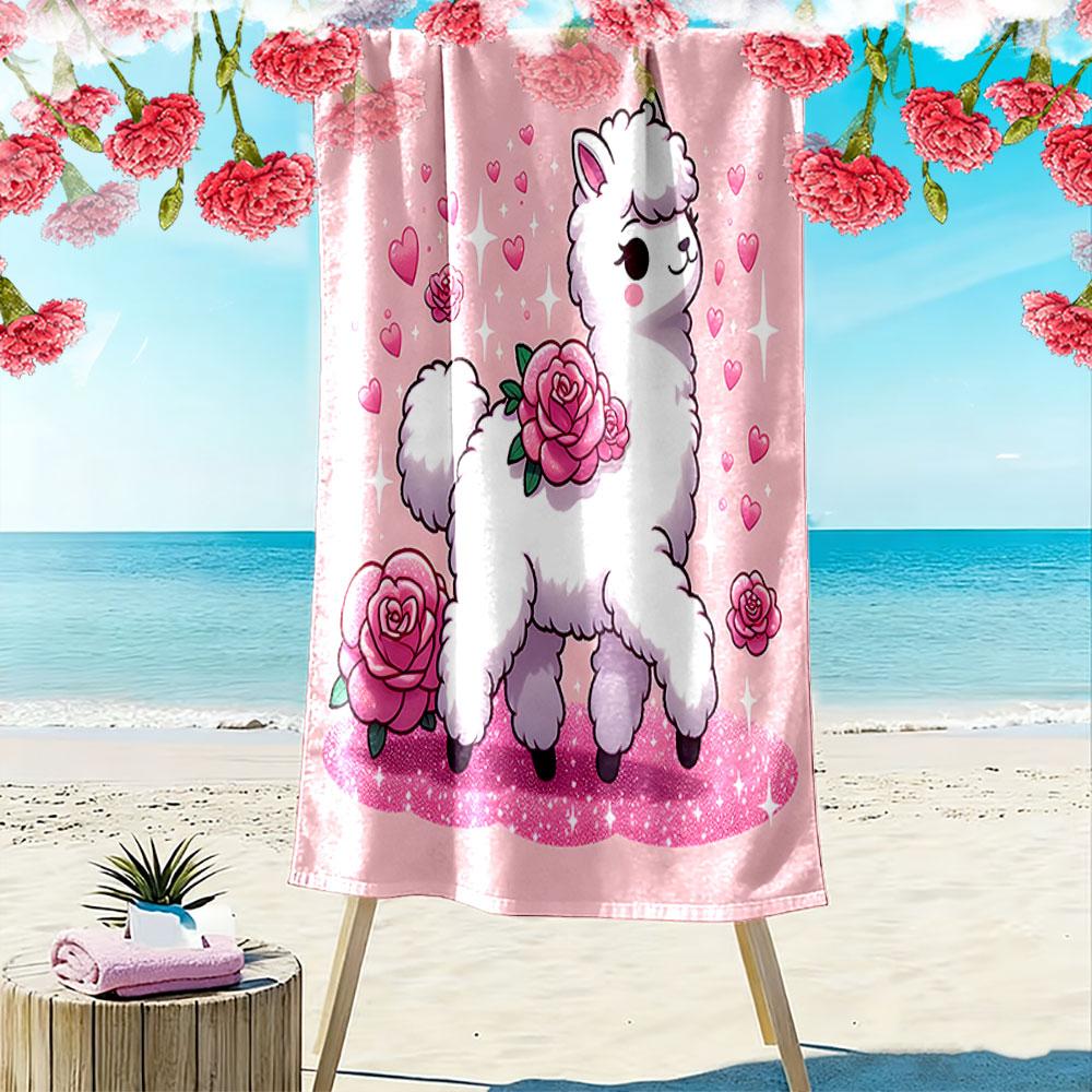 Adorable Alpaca with Roses and Hearts Patterned beach towel quick dry perfect for travel outdoor sports jogging the beach and swimming
