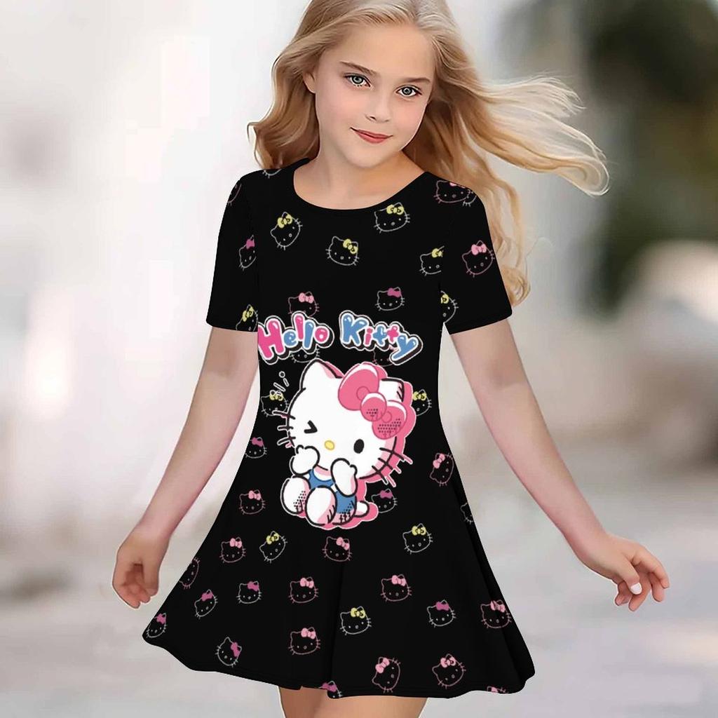 Girls 3D Print Dresses Kids Girl Party Short Sleeve Princess Dress Tank 3D Likable Cartoon Print Dress