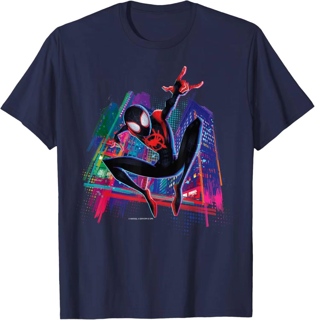 2026 new Marvel SpiderMan Miles Morales Neon City TShirt Men Women Into The SpiderVerse Graphic Tees Black Tops