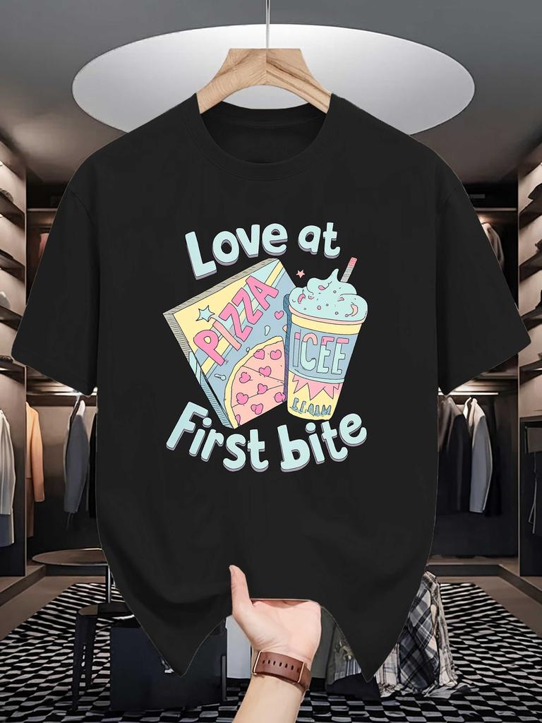 Unisex Crew Neck Tee Pizza Ice Cream Cute Snack Letter Art Print Soft Cotton Loose Short Sleeve Summer Casual Male Streetwear Tops