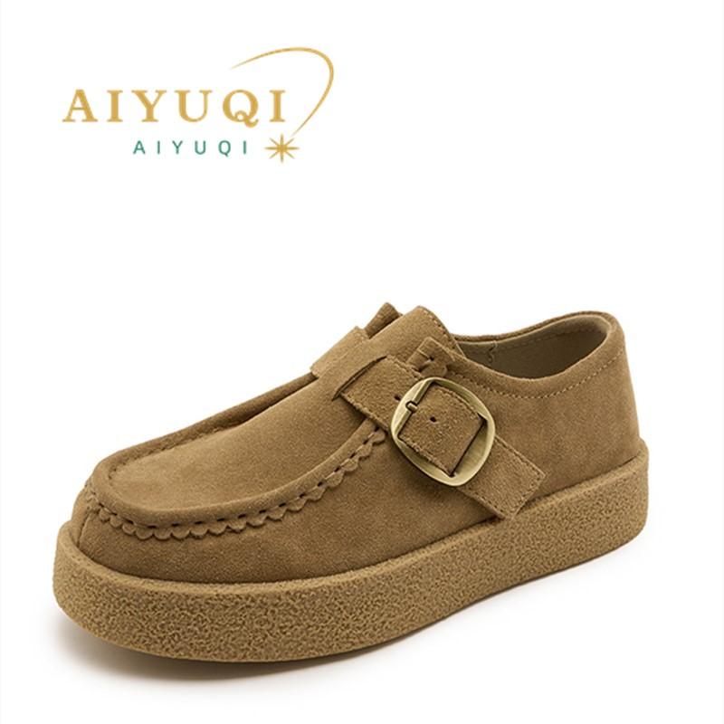 Fashion Women Loafer Shoes Genuine Leather 2025 Autumn New Suede Platform Kangaroo Shoes Women Wedges Belt Buckle Slip-on Shoes Women
